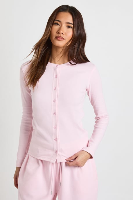 Rib Button Through Long Sleeve Top Tracksuit - Image 3