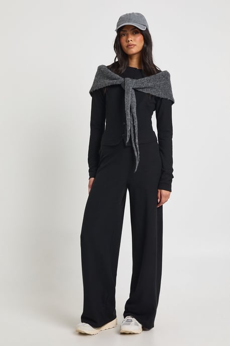 Petite Rib Button Through Long Sleeve Top and Wide Leg Trouser Co-ord - Image 1