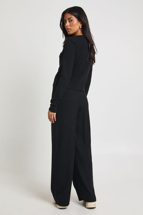 Petite Rib Button Through Long Sleeve Top and Wide Leg Trouser Co-ord - Image 2