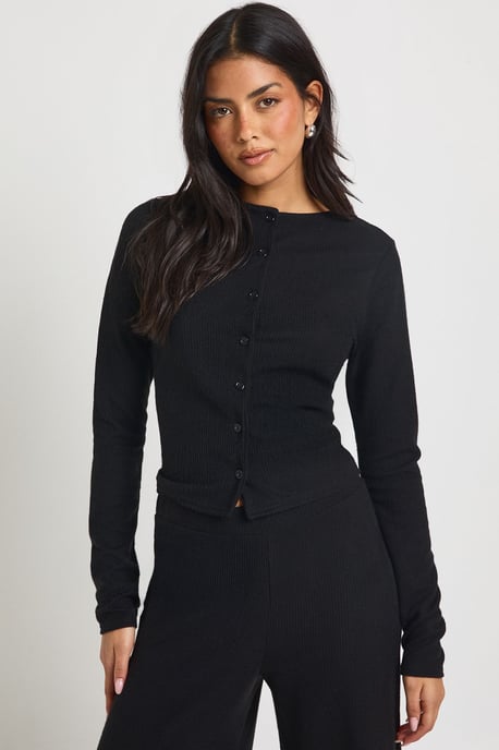 Petite Rib Button Through Long Sleeve Top and Wide Leg Trouser Co-ord - Image 3