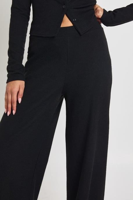 Petite Rib Button Through Long Sleeve Top and Wide Leg Trouser Co-ord - Image 4