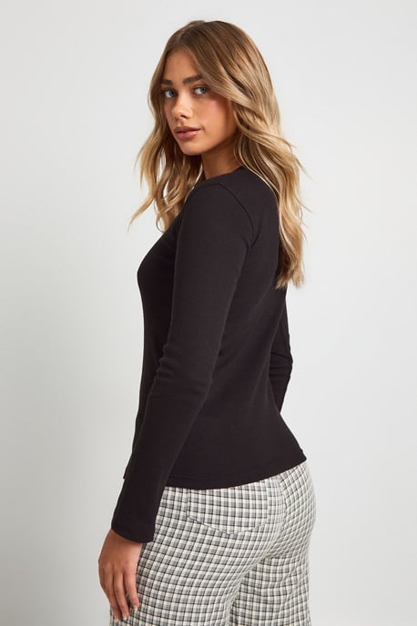 Rib Button Through Long Sleeve Top - Image 2