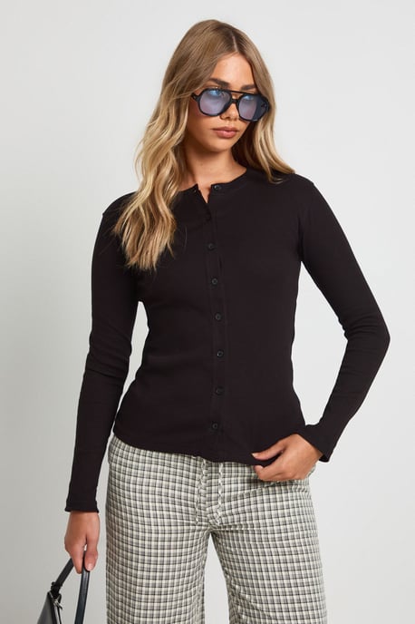 Rib Button Through Long Sleeve Top - Image 3