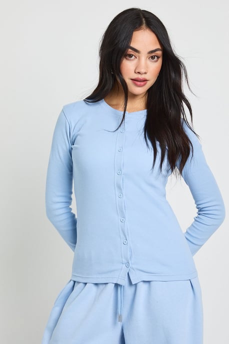 Rib Button Through Long Sleeve Top Tracksuit - Image 3