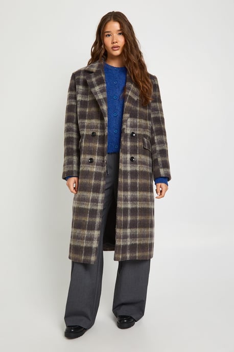 Check Double Breasted Wool Look Coat - Image 1