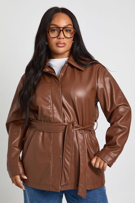Plus PU Belted Trench Coat - Image 3