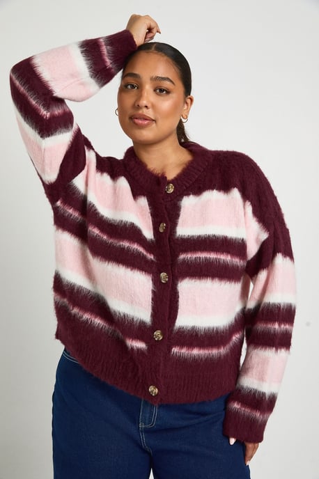Plus Crew Neck Fluffy Stripe Cardigan - Image 1