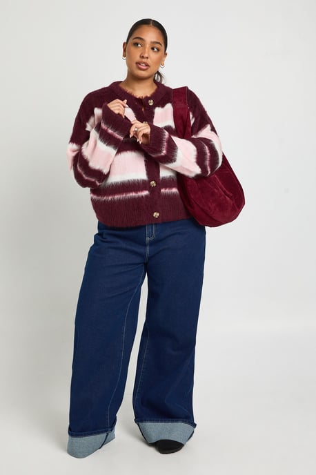 Plus Crew Neck Fluffy Stripe Cardigan - Image 3