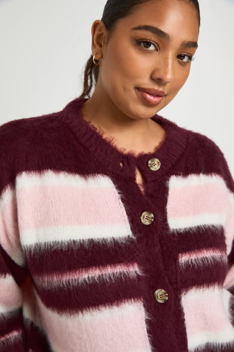 Plus Crew Neck Fluffy Stripe Cardigan - Image 4