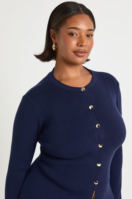 Plus Gold Button Crew Neck Peplum Cardigan - Image 4