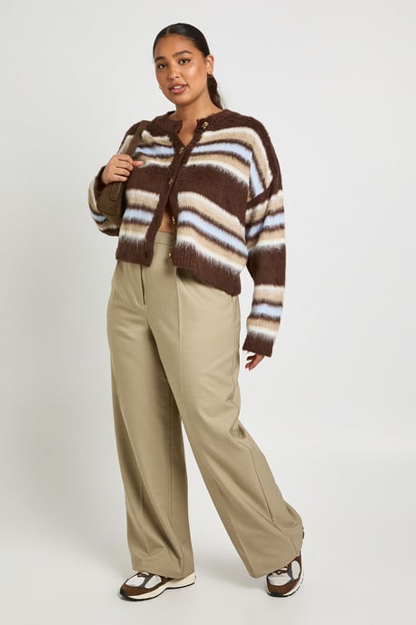 Plus Crew Neck Fluffy Stripe Cardigan - Image 3