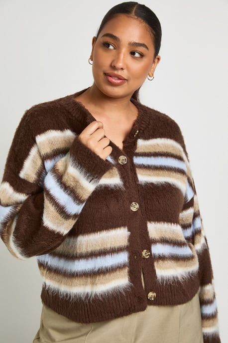 Plus Crew Neck Fluffy Stripe Cardigan - Image 4