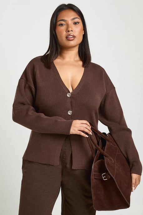 Plus Gold Button Split Hem Compact Knit Cardigan - Image 1