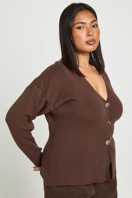 Plus Gold Button Split Hem Compact Knit Cardigan - Image 3
