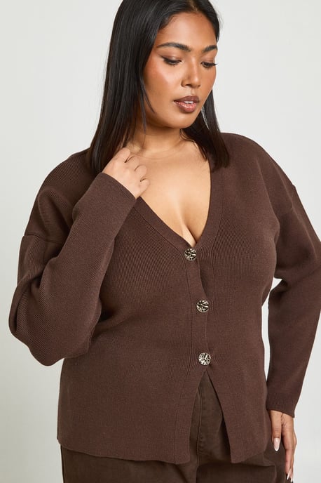 Plus Gold Button Split Hem Compact Knit Cardigan - Image 4