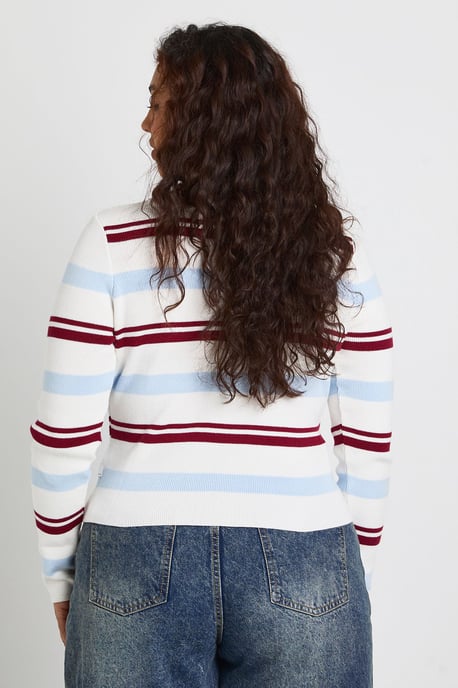 Plus Collared Stripe Crew Neck Cardigan - Image 2