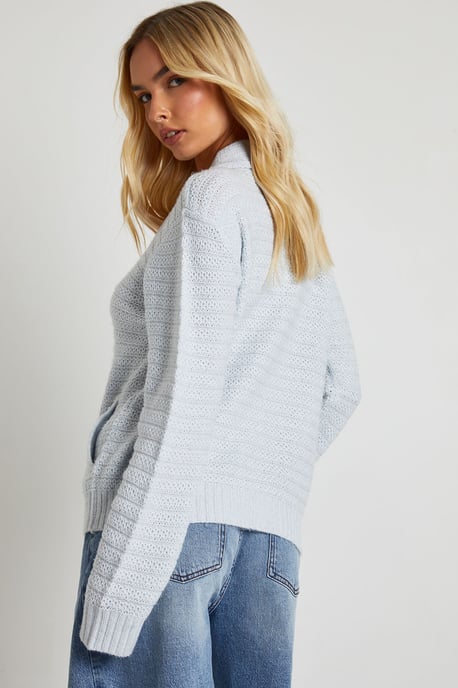 Textured Knit Collar Detail Zip Through Knitted Cardigan - Image 2