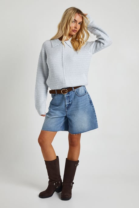 Textured Knit Collar Detail Zip Through Knitted Cardigan - Image 3