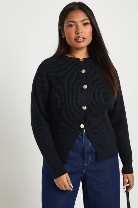 Plus Gold Button Crew Neck Knit Cardigan - Image 1