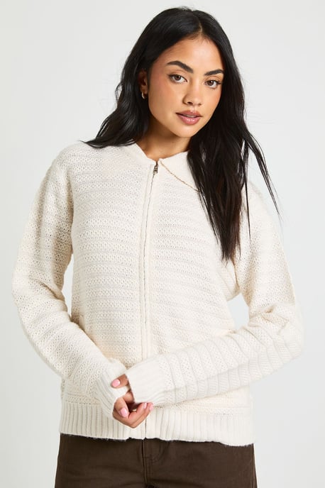 Textured Knit Collar Detail Zip Through Knitted Cardigan - Image 1