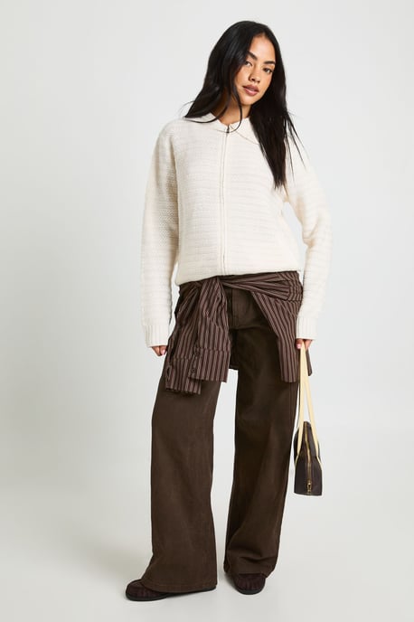 Textured Knit Collar Detail Zip Through Knitted Cardigan - Image 3