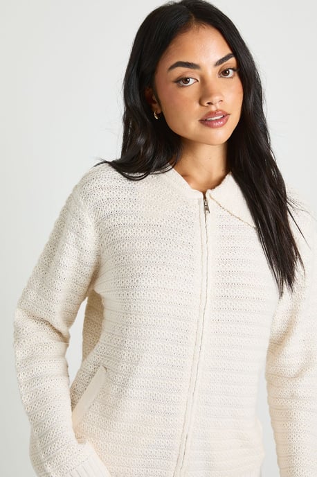 Textured Knit Collar Detail Zip Through Knitted Cardigan - Image 4
