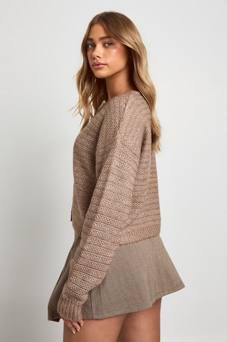 Textured Knit Crew Neck Boxy Knitted Cardigan - Image 2