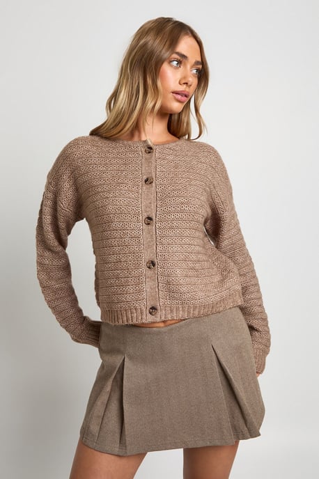 Textured Knit Crew Neck Boxy Knitted Cardigan - Image 3