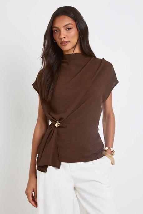 Tall Hammered Gold Trim Cowl Neck Blouse - Image 1