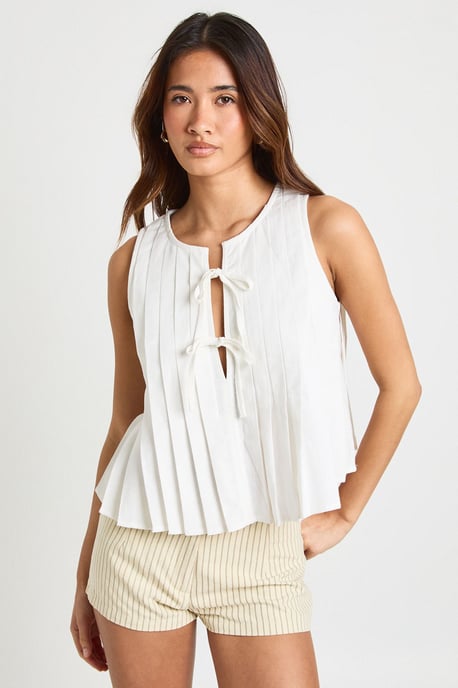 Linen Look Pleated Tie Front Smock Top - Image 3