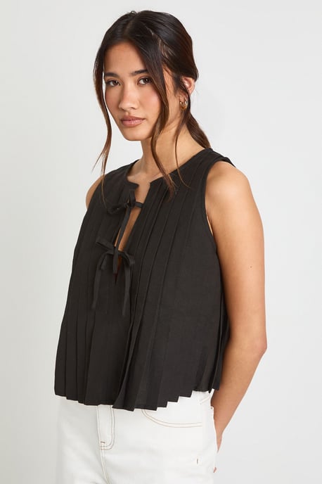 Linen Look Pleated Tie Front Smock Top - Image 1