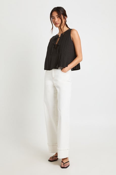 Linen Look Pleated Tie Front Smock Top - Image 3