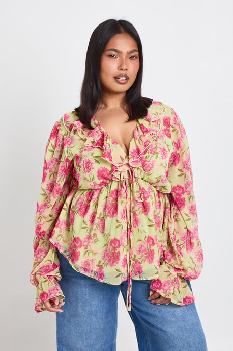Plus Ruffle Tie Front Smock Top - Image 3