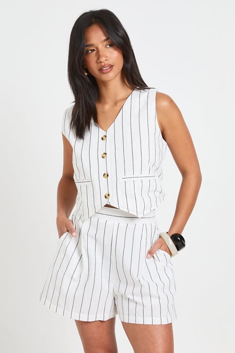 Petite Linen Look Striped Waistcoat & Relaxed Fit Shorts - Image 1
