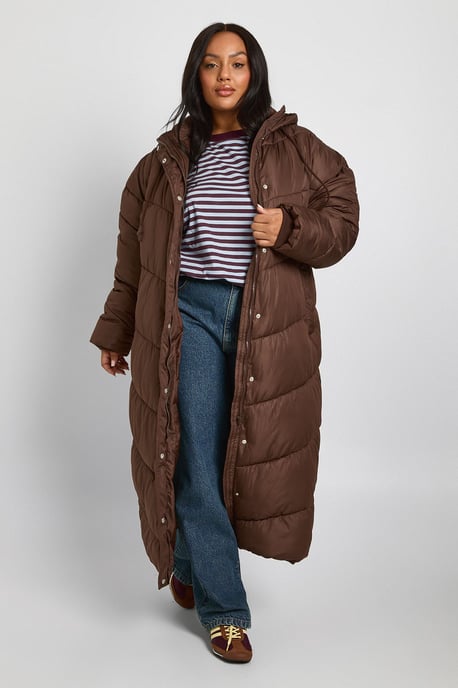 Plus Hooded Quilt Detail Maxi Puffer - Image 1