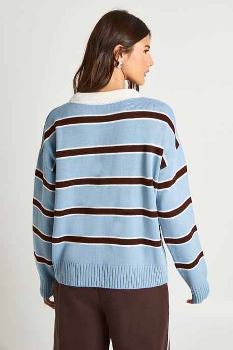 Stripe Button Collar Long Sleeve Knitted Jumper - Image 2