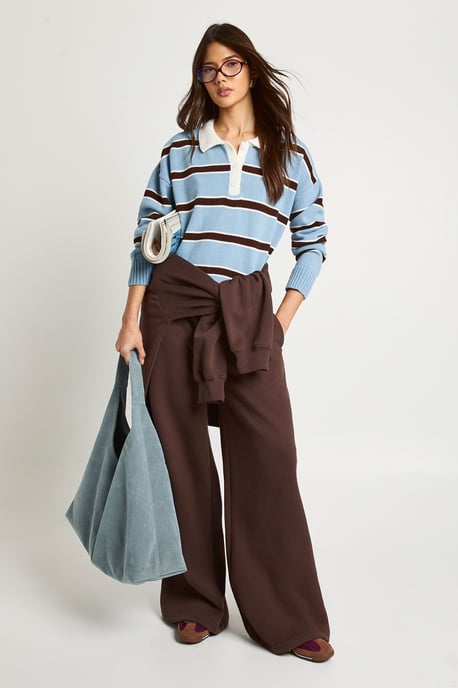 Stripe Button Collar Long Sleeve Knitted Jumper - Image 3
