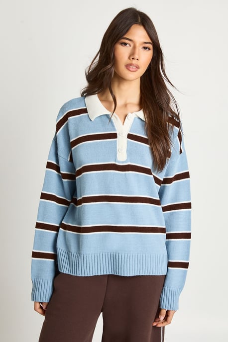 Stripe Button Collar Long Sleeve Knitted Jumper - Image 4