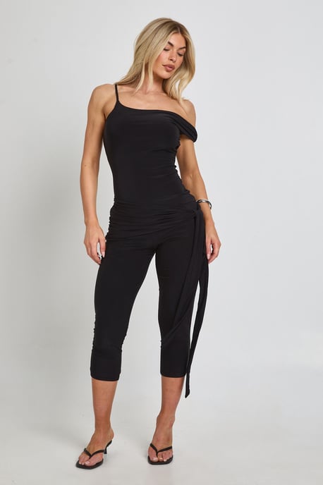 Slinky Asymmetric Neck Capri Jumpsuit - Image 1
