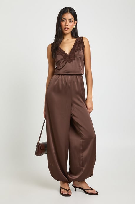 Satin Lace Trim Hareem Trouser Jumpsuit - Image 1
