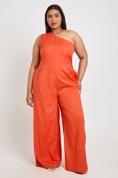 Plus Linen One Shoulder Jumpsuit - Image 1