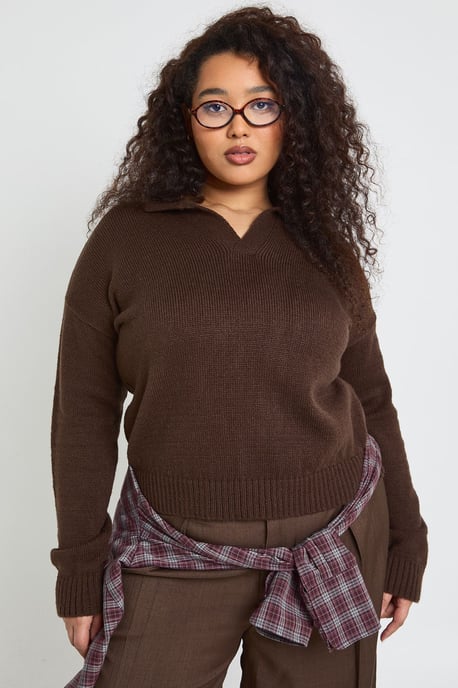 Plus Collared V Neck Knit Top - Image 1