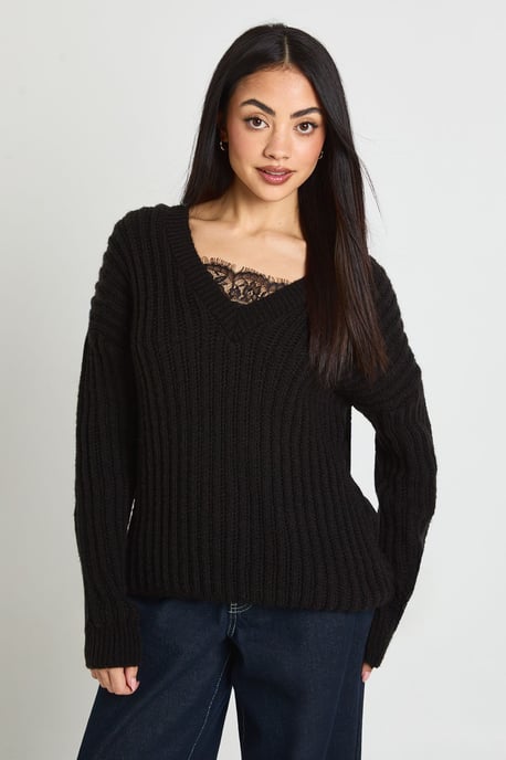 Lace Insert V Neck Rib Knit Jumper - Image 1