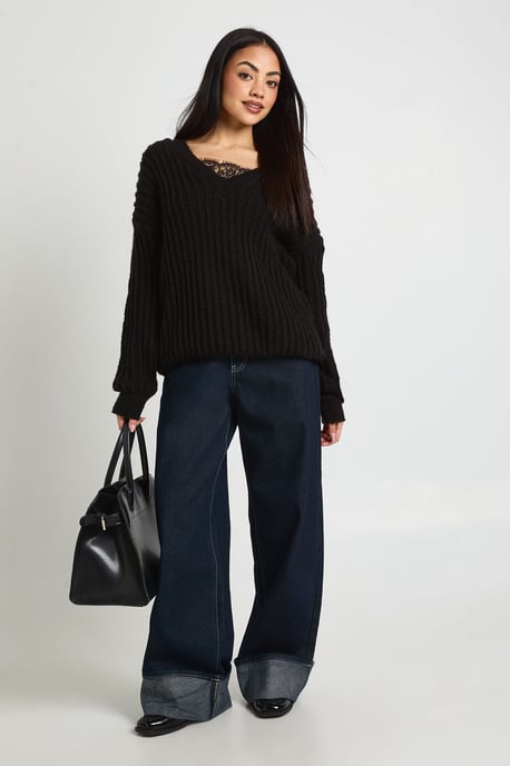 Lace Insert V Neck Rib Knit Jumper - Image 3