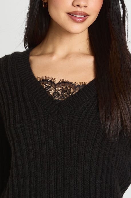 Lace Insert V Neck Rib Knit Jumper - Image 4