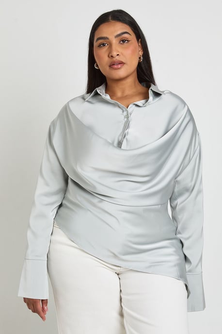 Plus Satin Cowl Neck Shirt - Image 3