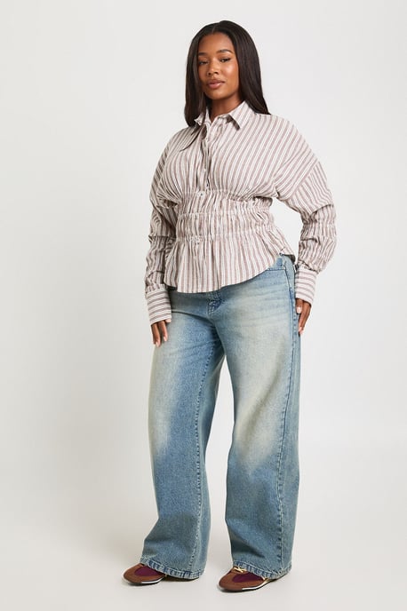 Plus Pinstripe Poplin Shirred Waist Shirt - Image 3