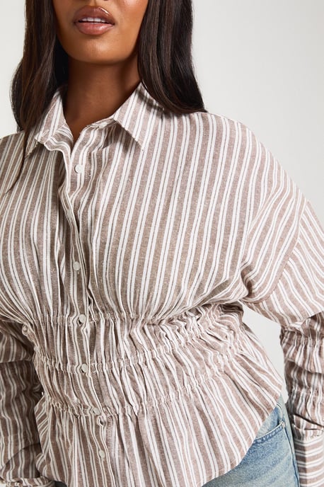 Plus Pinstripe Poplin Shirred Waist Shirt - Image 4