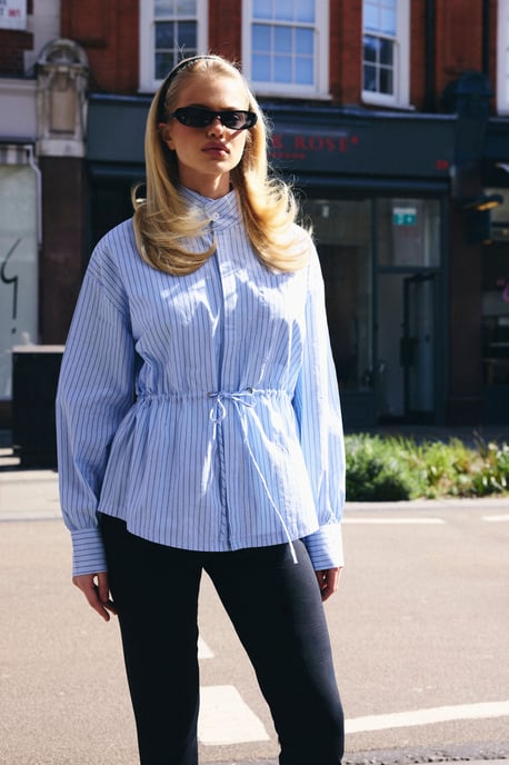 Stripe Cinched Waist Funnel Neck Shirt - Image 1