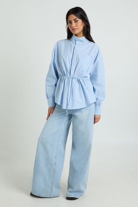 Stripe Cinched Waist Funnel Neck Shirt - Image 3